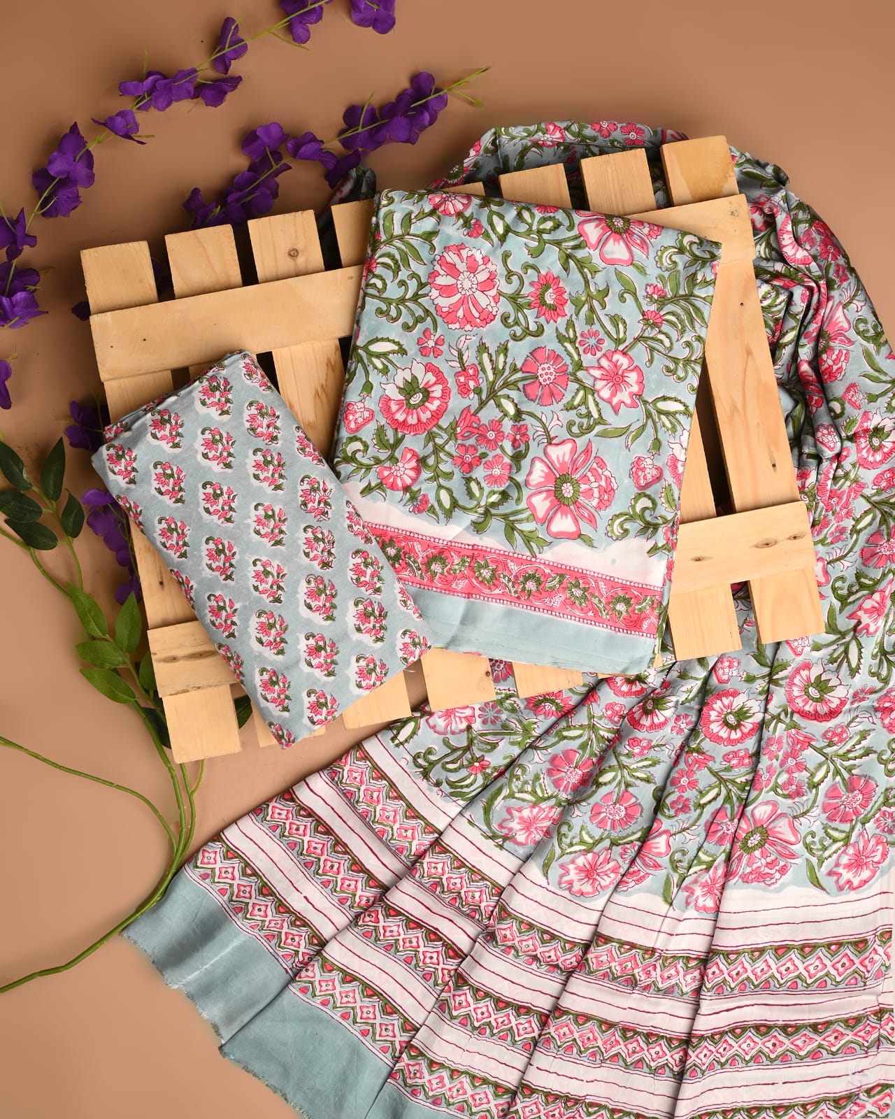 Light blue pink jaal cupro modal silk dress material wholesale, handblock printed silk suit set by Fabtexs